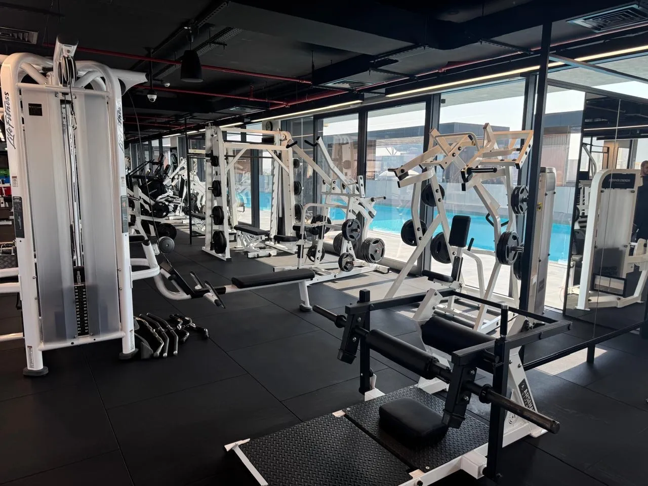 Strength floor overlooking the Olympic-size swimming pool