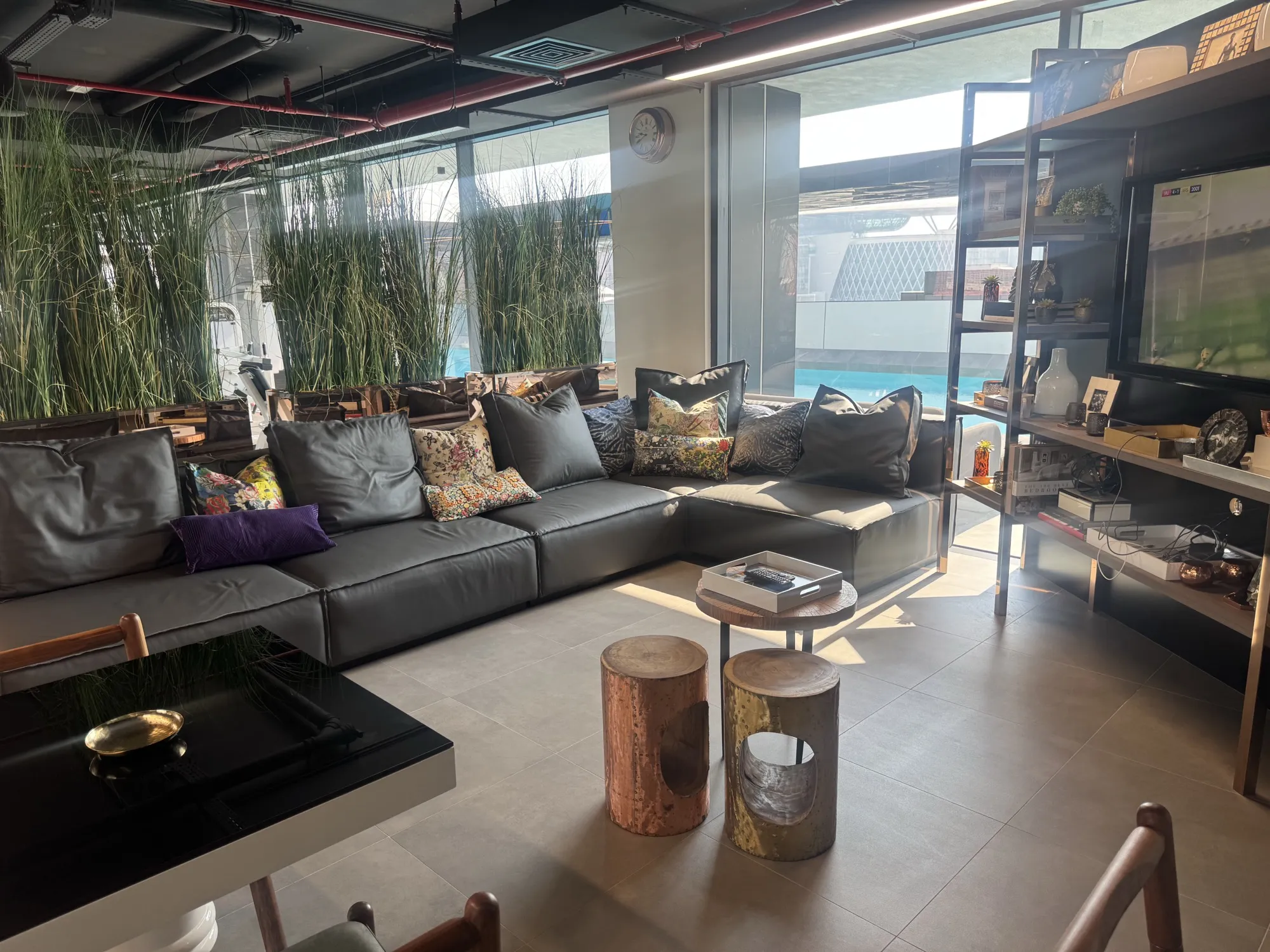 Lounge with deep leather sofas, shelving and a television