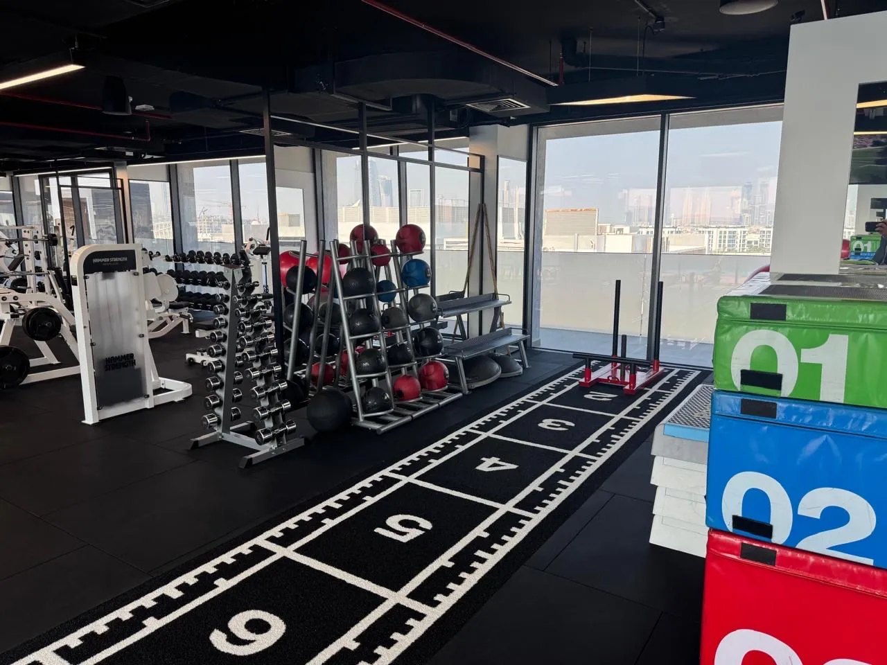 Sled track and plyometric boxes